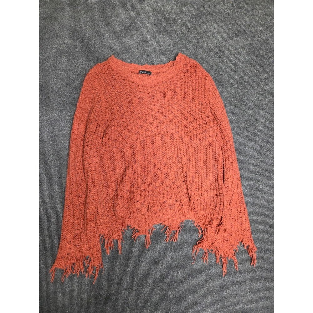 Very J Womens Distressed Knit Sweater Rust Orange Frayed Hem Size L 2227